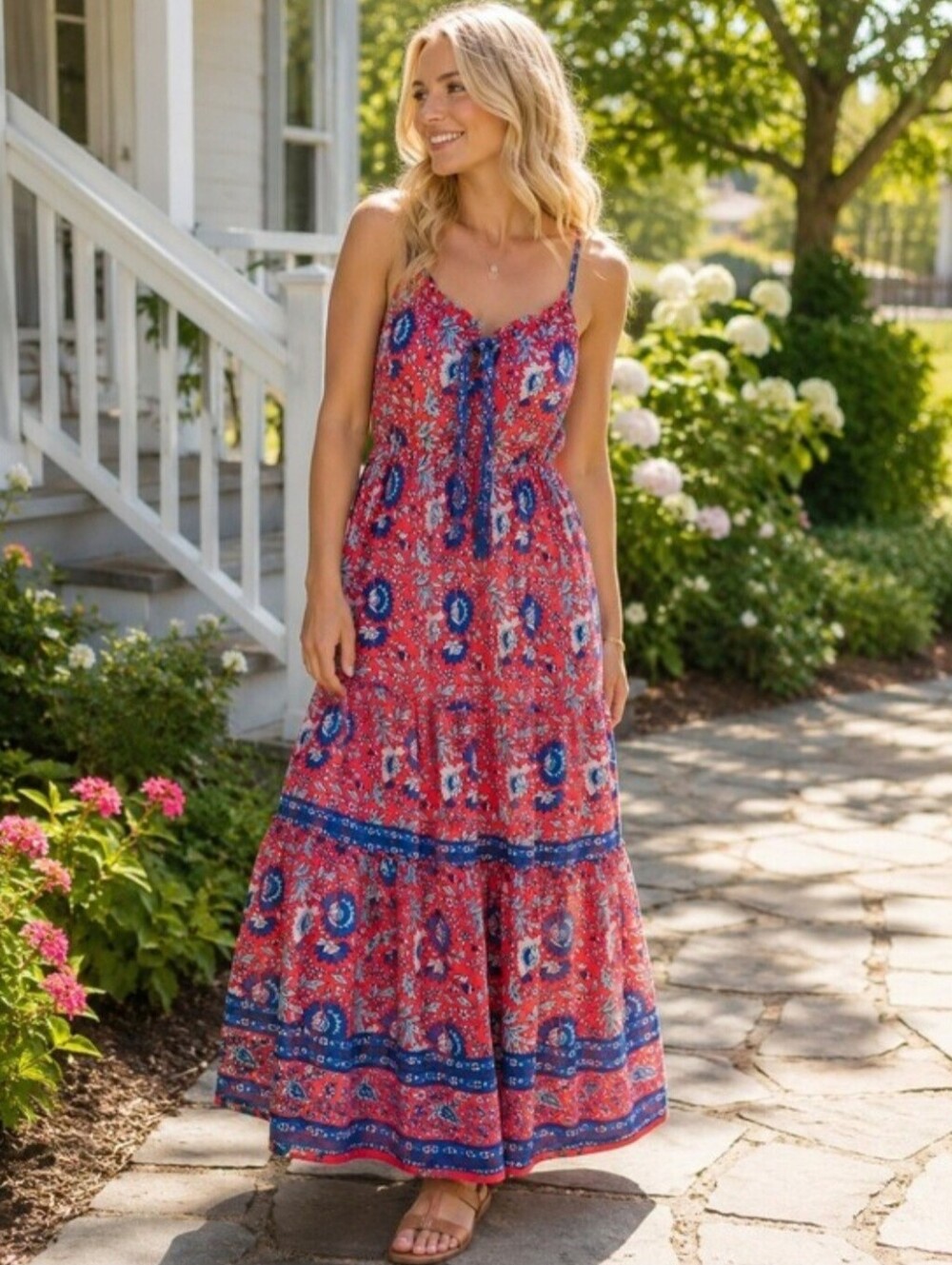 Natural Life Isabella Blue Red Floral Maxi Dress 100 % Cotton Size M
